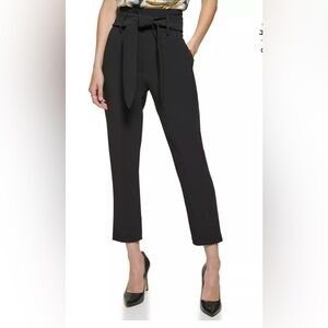 DKNY Black High Waisted Tie Waist Pants Size 12 Paperbag Ankle Work Chic NWOT